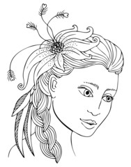 Pretty woman portrait. Beautiful girl with flowers on hair. Hand drawn picture. Sketch for anti-stress adult coloring book. Vector illustration  for coloring page. Fashion illustration.