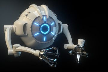 sci fi flying drone with camera or futuristic assembly machine isolated on black background. Future technologies, artificial intelligence. 3D render, 3D illustration.