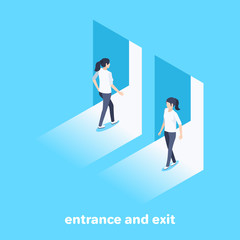 isometric vector image on a blue background, women enter and exit the open door, entrance and exit