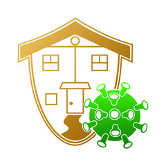 The symbol of a house stylized as a shield that protects residents from the virus. The concept is home as a defense against coronavirus infection.