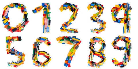 Arabic numerals  from multi-colored children's plastic constructor on a white isolated background. ...