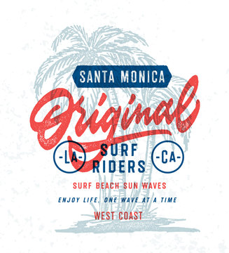 Santa Monica California Original Surf Riders T Shirt Graphics. Surfing Apparel Typography Print. Old School Vintage Retro Surfing Style. 