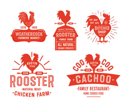 Big Set of Vintage Rooster Badges, Emblems and Logos. Red Cock Vector Illustration. Great for Farm Restaurant Food Agriculture and others Businesses. 