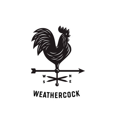 Rooster Weather Vane. Weathercock Windvane Silhouette Vector Illustration.  Vintage Emblem Badge Logo.