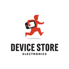Guy running with a smartphone under his arm. Iconic Loo Design for device store, phone repair store, gadget online website etc. Graphic mark vector illustration