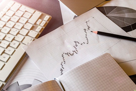 Statistical analysis process control. Finance diagrams and graphs in office table. Financial analytics workspace. Planner and Agenda Concept.