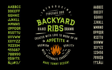 Original Hand Drawn Typeface Duo "Backyard Ribs". Great for Vintage Brands, Barbecue Restaurant, Meat Store, Steakhouse, Farms, Food, Artisan Hand Made Goods, Apparel, Logo and Packaging Design etc. 