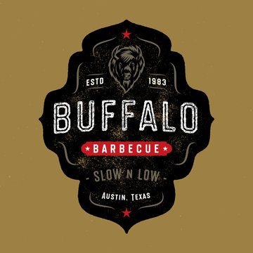 Vintage Textured Buffalo Badge Design. Western Barbecue Emblem. Bison Head Vector Illustration.