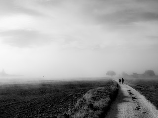 Country view in the middle of fog with a couple walking o a road