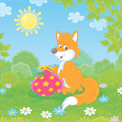 Friendly smiling red fox holding a beautiful bag with a holiday gift on green grass of a pretty forest glade on a sunny summer day, vector cartoon illustration