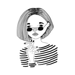 A teenage girl with sunglasses and a cigarette in her hands. Black and white illustration. Stylized girl. Pernicious habits.