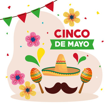 Mexican hat mustache and maracas design, Cinco de mayo mexico culture tourism landmark latin and party theme Vector illustration