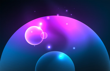 Neon shiny transparent glowing circles with light effects. Techno futuristic vector abstract background For Wallpaper, Banner, Background, Card, Book Illustration, landing page