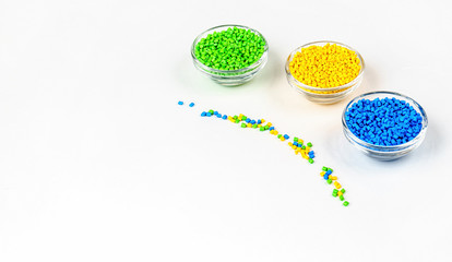 Polymeric dye. Plastic pellets. Colorant for plastics. Pigment in the granules.