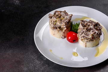 Delicious beef stroganoff with soft mashed potatoes
