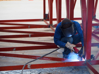 Welding work ,worker with protective welding metal on construction