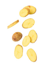 Fototapeta na wymiar Falling potato slice isolated on white background with clipping path.