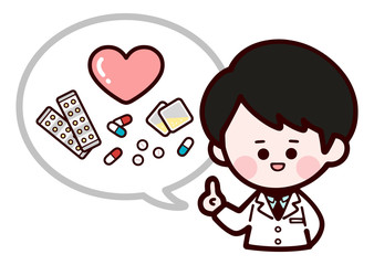 Man Doctor describing medicine / lab coat / speech bubble