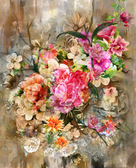 Abstract art colorful flowers  painting. Spring multicolored illustration.