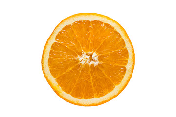 Closeup of Transverse cut of ripe orange on clean white background
