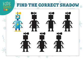 Obraz na płótnie Canvas Find the correct shadow for cute cartoon robot educational preschool kids mini game