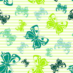 Flying butterfly silhouettes over striped background vector seamless pattern.