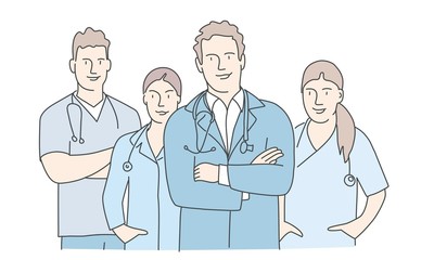 Group of doctors  with arms crossed. Concept teamwork in hospital. Hand drawn vector illustration.