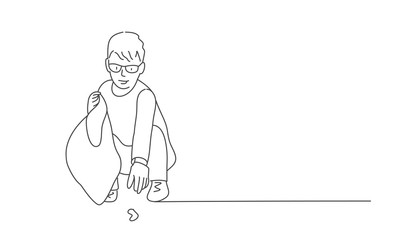 Boy collect garbage. Volunteers. Line drawing vector illustration.