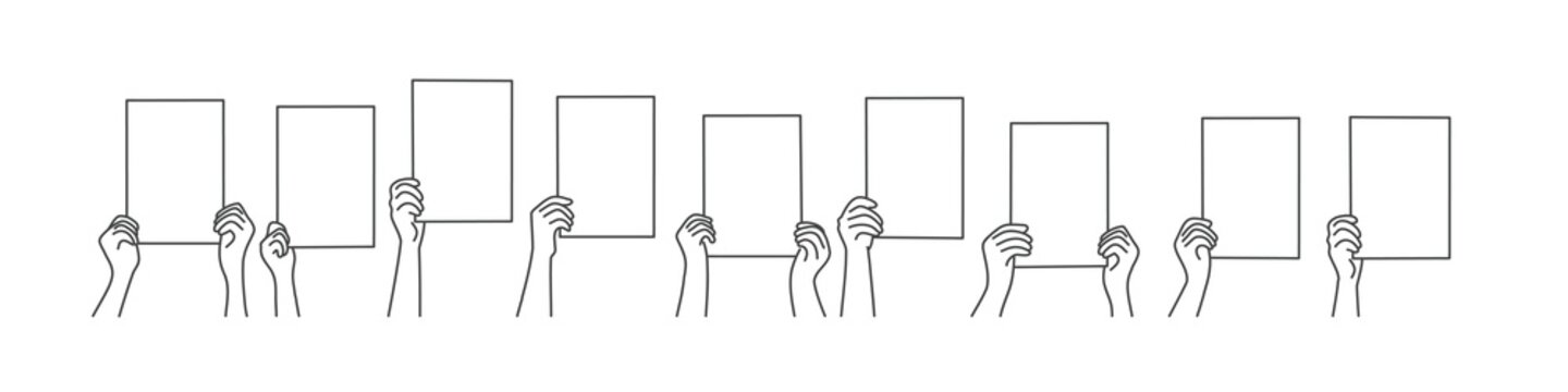 Line drawing vector illustration of hands holding blank paper.