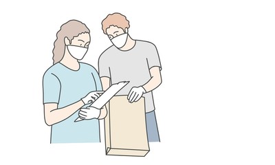 Delivery service. People with face mask packing. Line drawing vector illustration. Hand drawn vector illustration.