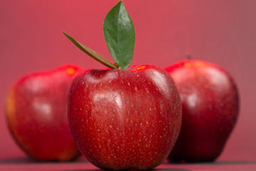 Apples in a closeup shot with matching color background light.