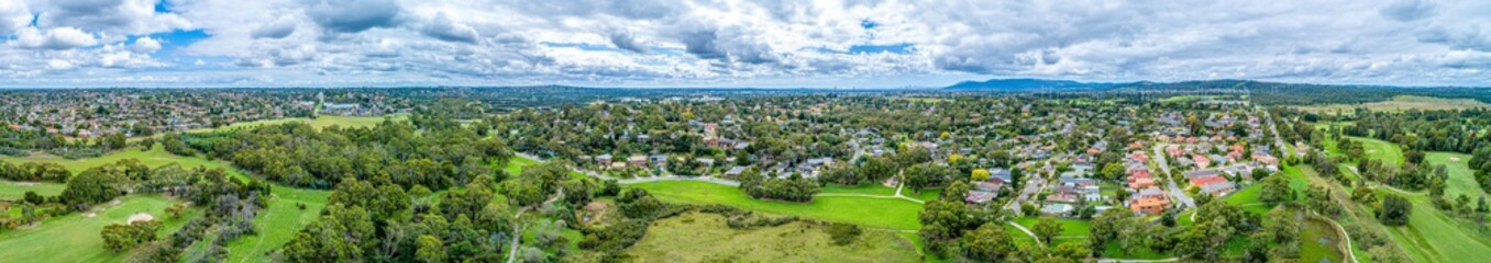 Ultra wide aerial panorama of Dandenong North suburb and parklands in Melbourne, Australia - 337945718