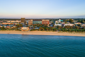 Fototapeta na wymiar South East Water head office building on the Frankston foreshore - aerial view at sunset in Melbourne, Australia