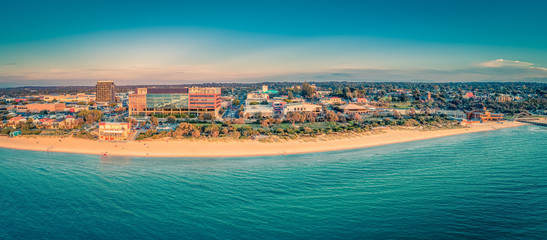 Aerial panorama of South East Water head office and Waves restaurant on Frankston foreshore in...