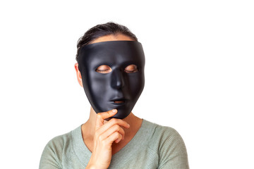 Caucasian woman with closed eyes wearing a black mask - isolated on white with copy space