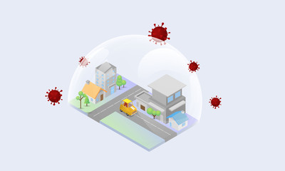 Stay at home Disinfection and decontamination on isometric city prevention against Coronavirus or Corona virus concept. covid-19 background