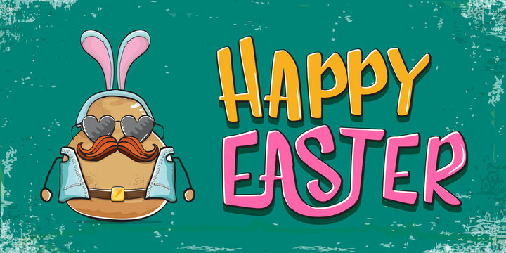 Vector rock star easter potato funny cartoon character with blue easter bunny ears isolated on turquoise horizontal banner background. rock n roll easter party poster or happy easter greeting card