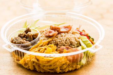 Shrimp paste rice in delivery food box, Thai famous food