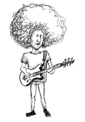 hand drawn cartoon character young man musician guitarist with curly hair standing and playing the guitar isolated on white