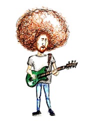hand drawn cartoon character young man musician guitarist with curly hair standing and playing the guitar isolated on white