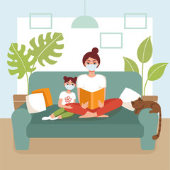 A young woman in mask sits on a sofa and reads a book to her daughter.The concept of home activity with children,prevention of coronavirus,covid-19,love of reading books. Flat vector illustration