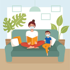 A young woman in mask sits on a sofa and reads a book to her son.Concept of home activity with children, prevention of coronavirus, covid-19, a love of reading books. Flat vector cartoon illustration.