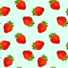 Seamless vector pattern of realistic strawberries scattered randomly on a light blue background. Suitable for summer motifs and screensavers, as well as scrapbooking paper.