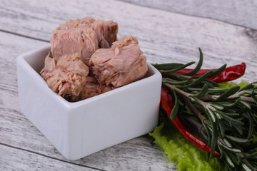 Tasty canned tuna fish in the bowl