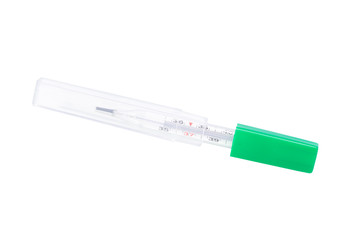 mercury thermometer in a protective plastic case isolated on white background
