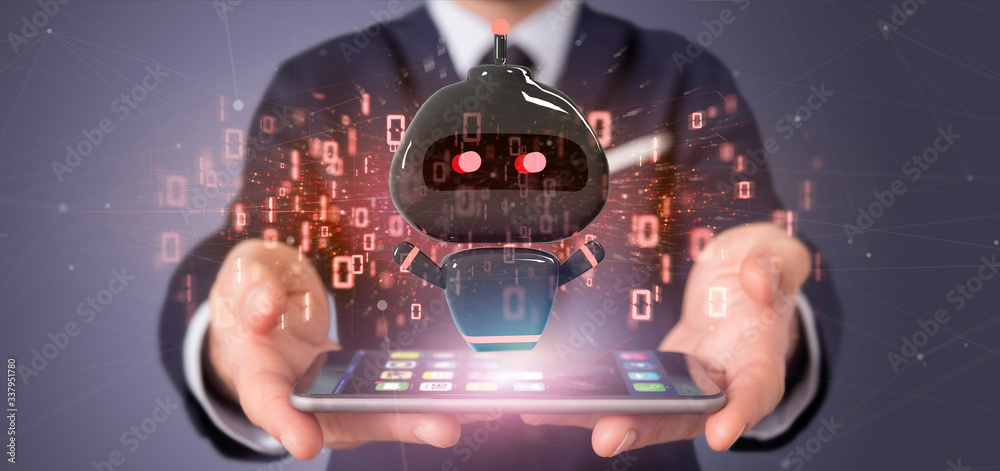 Poster businessman holding virus chatbot with binary code 3d rendering