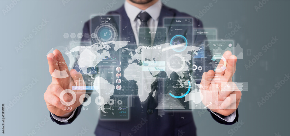 Wall mural businessman holding user interface screens with icon, stats and data 3d rendering