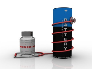 3d rendering medical doctor stethoscope connected battery with medicine
