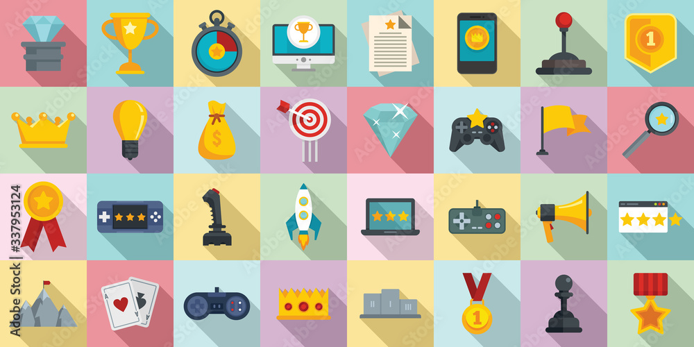 Poster gamification icons set. flat set of gamification vector icons for web design