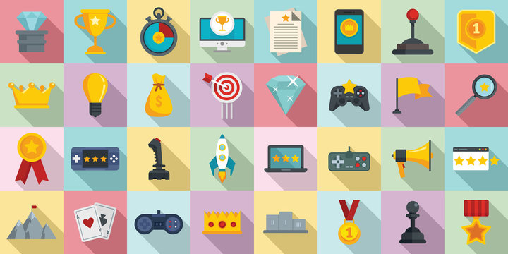 Gamification icons set. Flat set of gamification vector icons for web design
